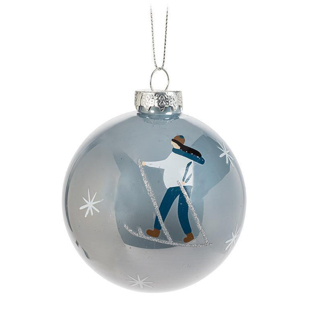 Abbott Cross Country Skier Ball Ornament Glass Grey Blue One Size